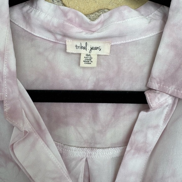 Tribal Pink Button Down Shirt with Tie Front Long Sleeves and Notched Collar - Picture 2 of 3